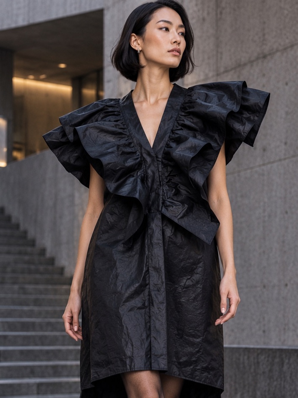 GOEN J Black Waxed Cotton Avant Garde Minimalist Architectural Dress, XS